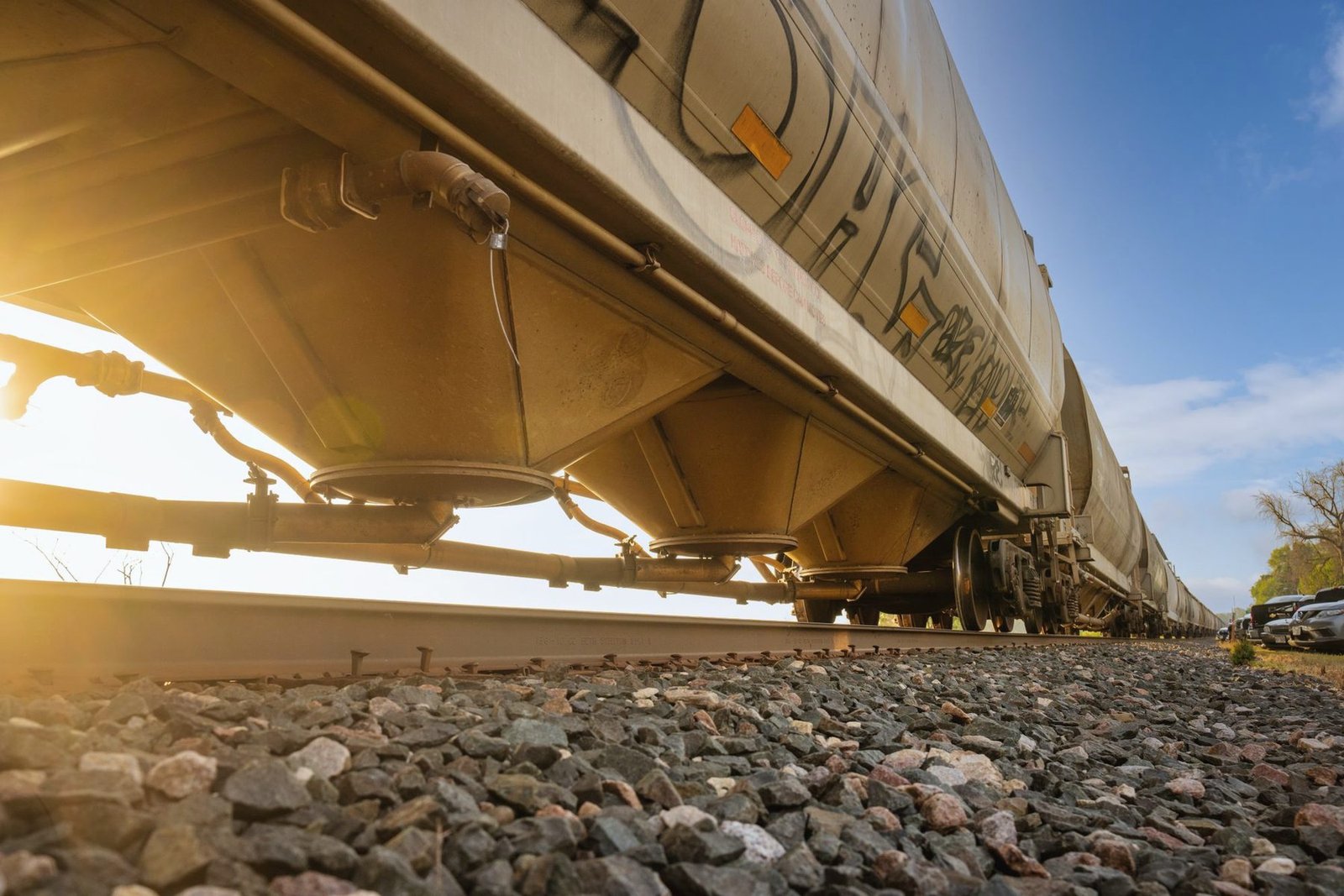 Low view under a hopper car with the sun breaking through below the frame
